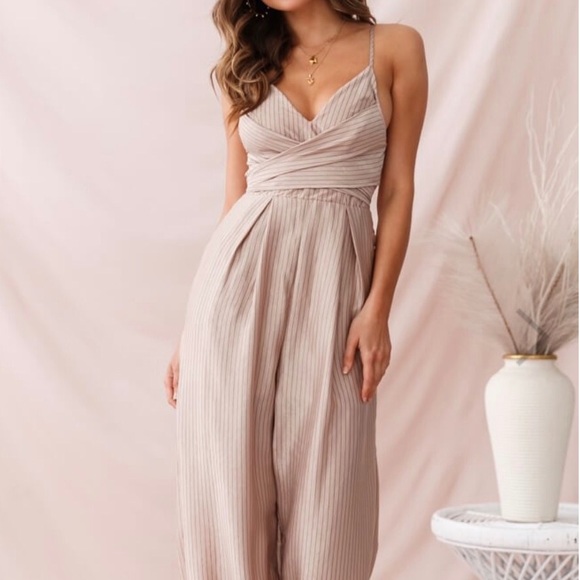 NWT Wide Leg Pinstripe Mocha Jumpsuit - Picture 5 of 5